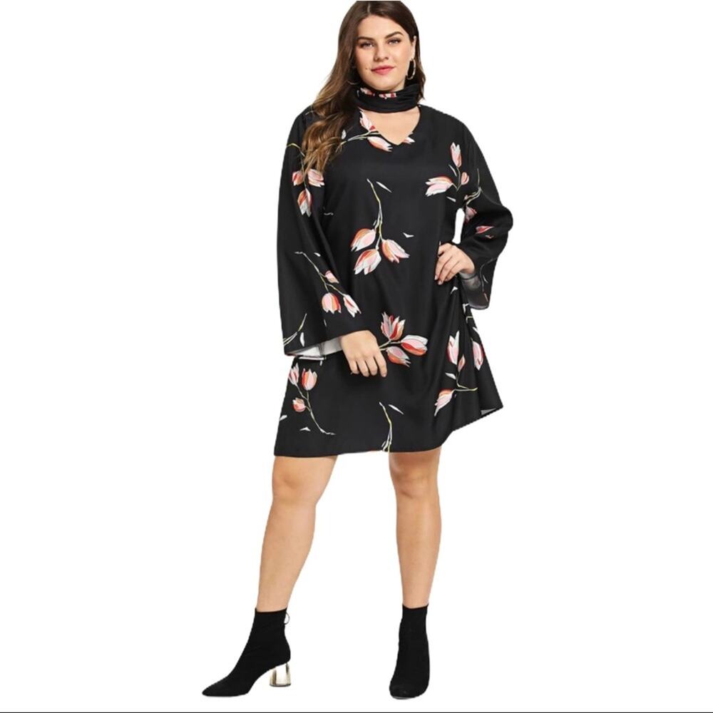 Zara Black Basic Choker Bell Sleeve Floral Dress Small